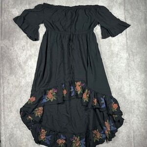 Feathers Women Large Black Embroidered Butterfly Boho Cottage Fairy Dress Hi-Low